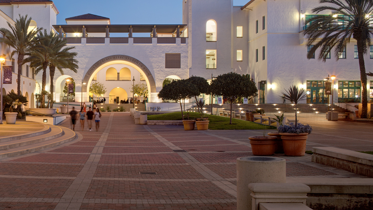 the Student Union from Centennial Plaza at sunset